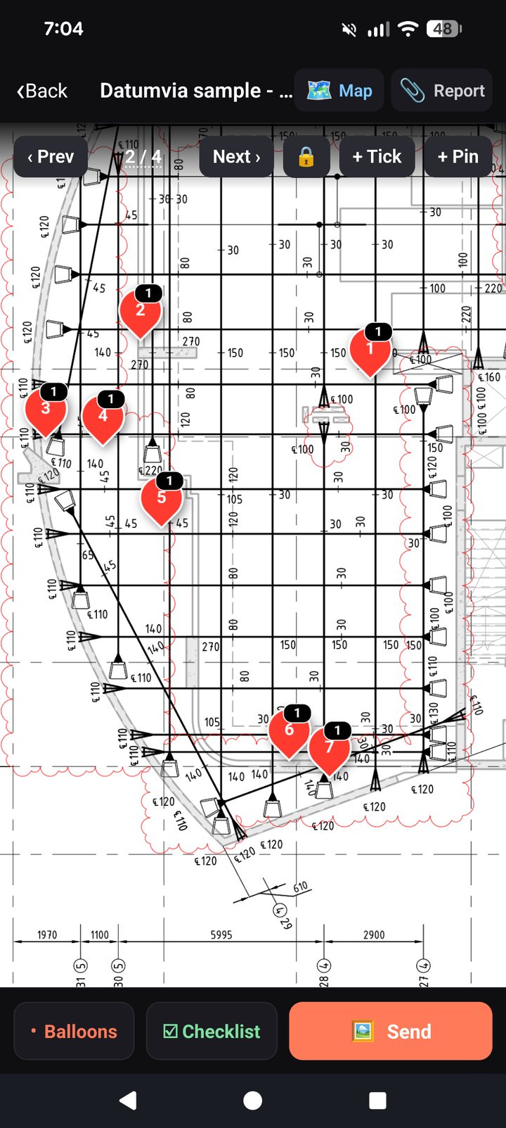 Datumvia on a phone: the Level 8 post-tension plan with seven numbered pins