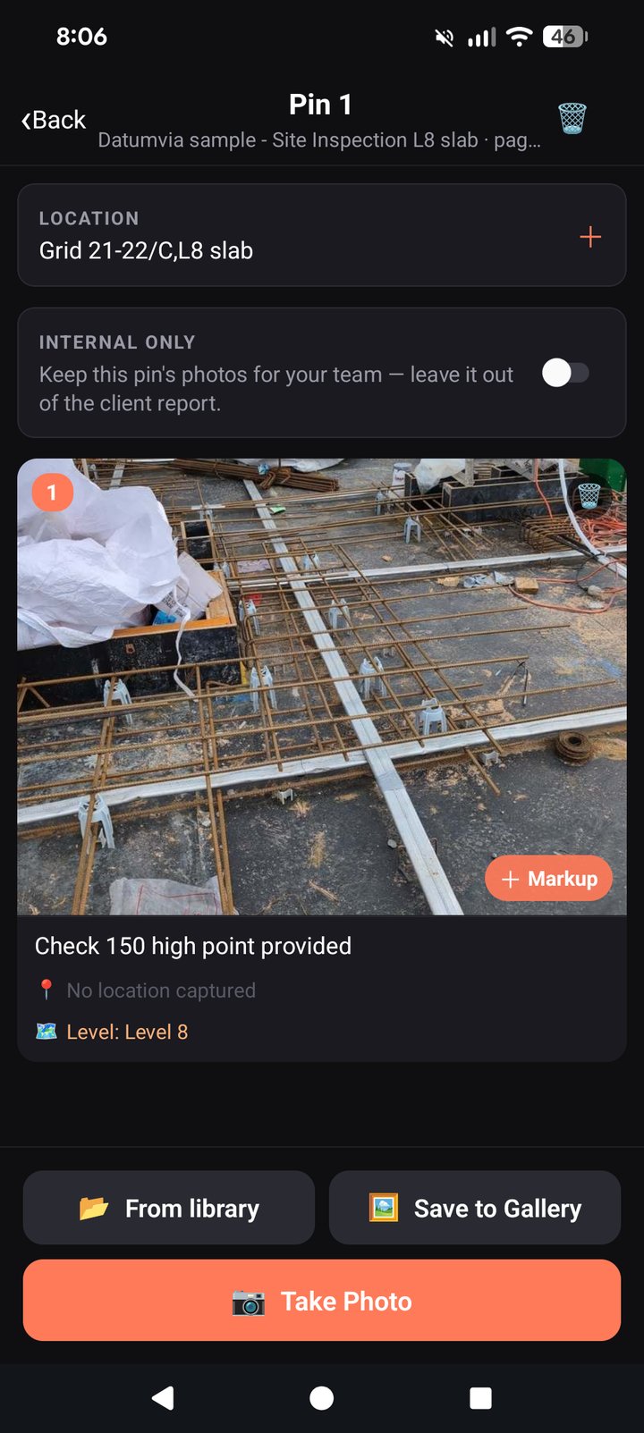 Pin 1 opened: its grid location, a site photo of the reinforcement, and the note Check 150 high point provided