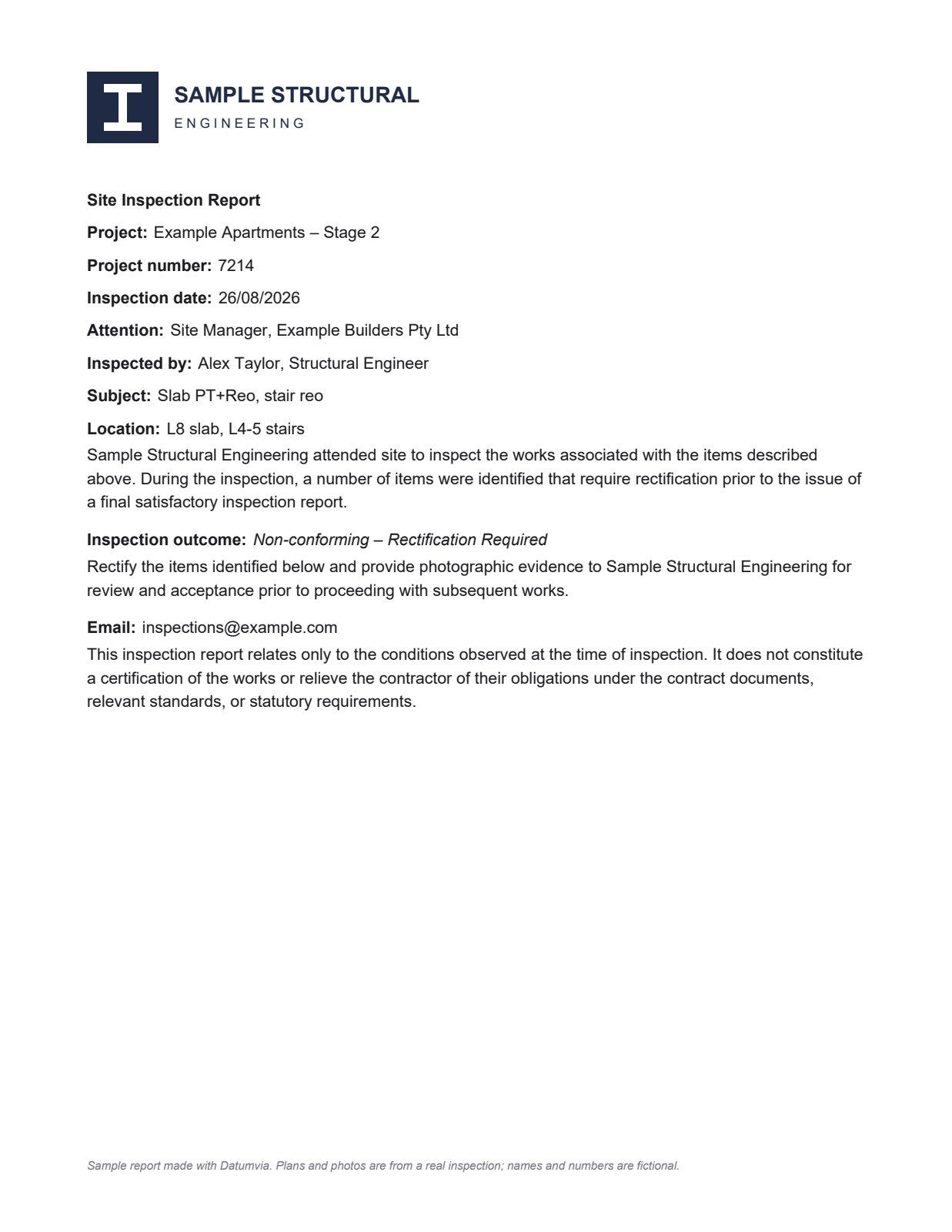 Report cover: project, inspection date, outcome non-conforming, rectification required