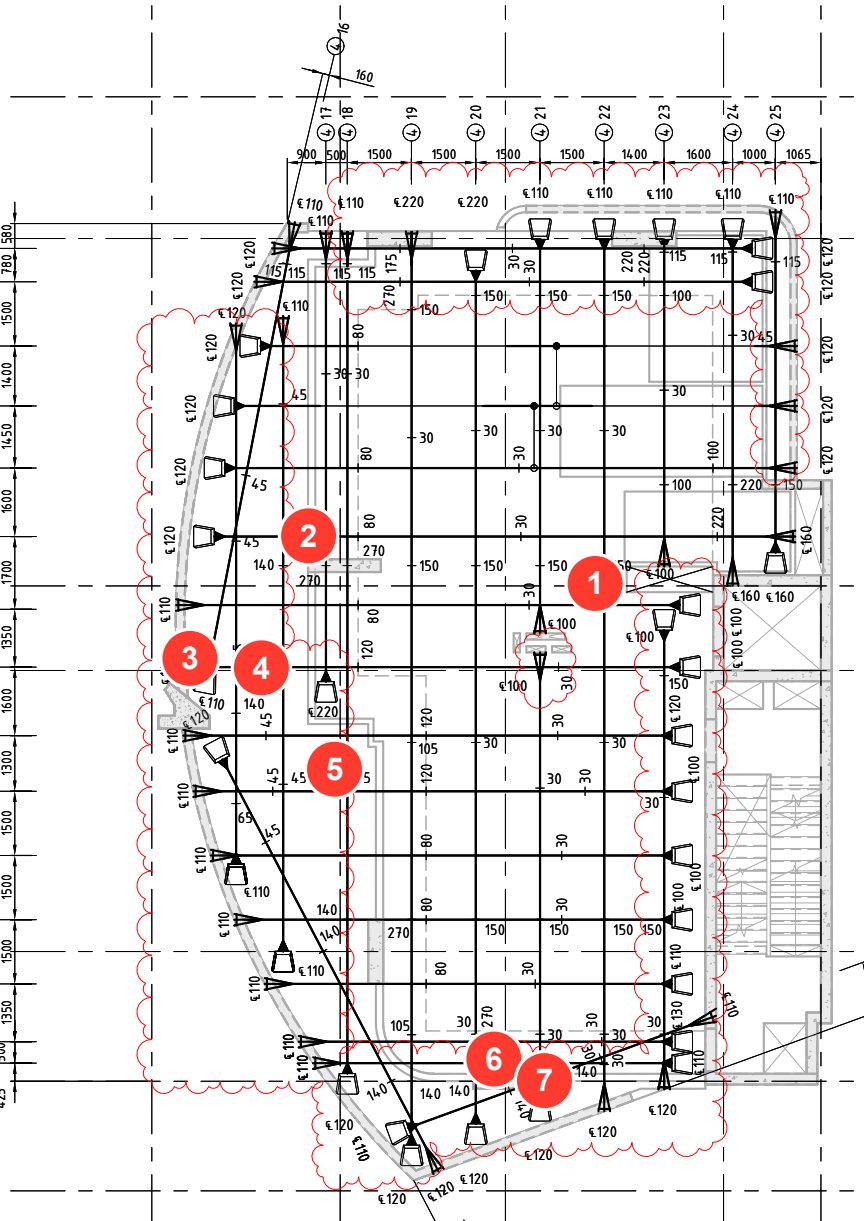 Level 8 post-tension slab plan with seven numbered red pins